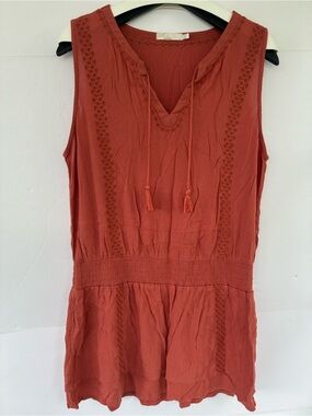Prana Burnt Orange Embroidered V-Neck Dress with Tassels 100% Tencel Modal Large